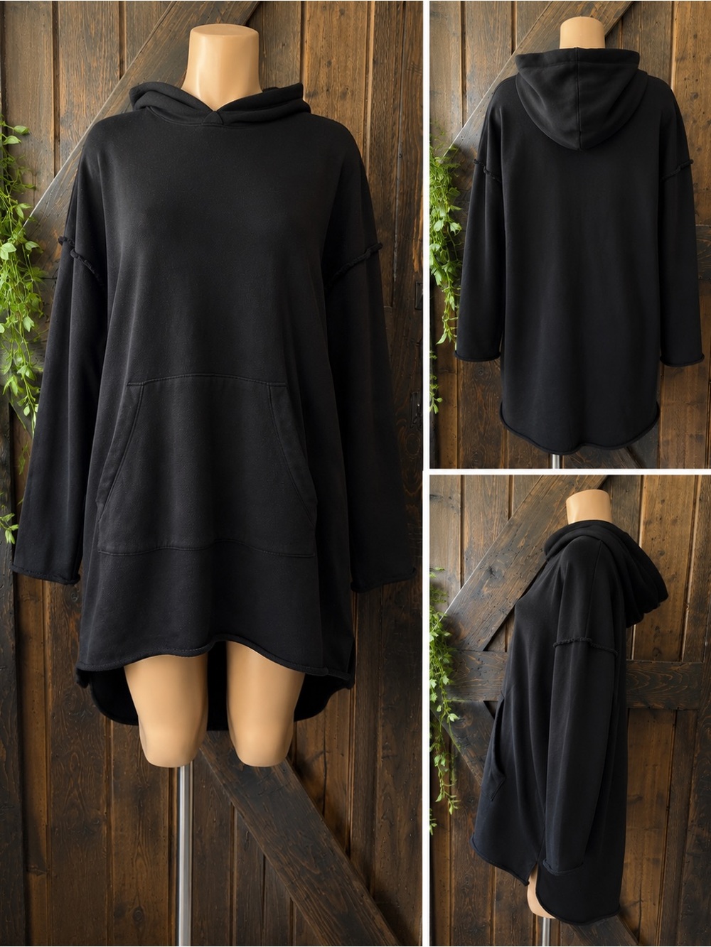 Eileen Fisher Organic Cotton Black Long Hoodie Tunic Raw Edge Kangaroo Pocket PS